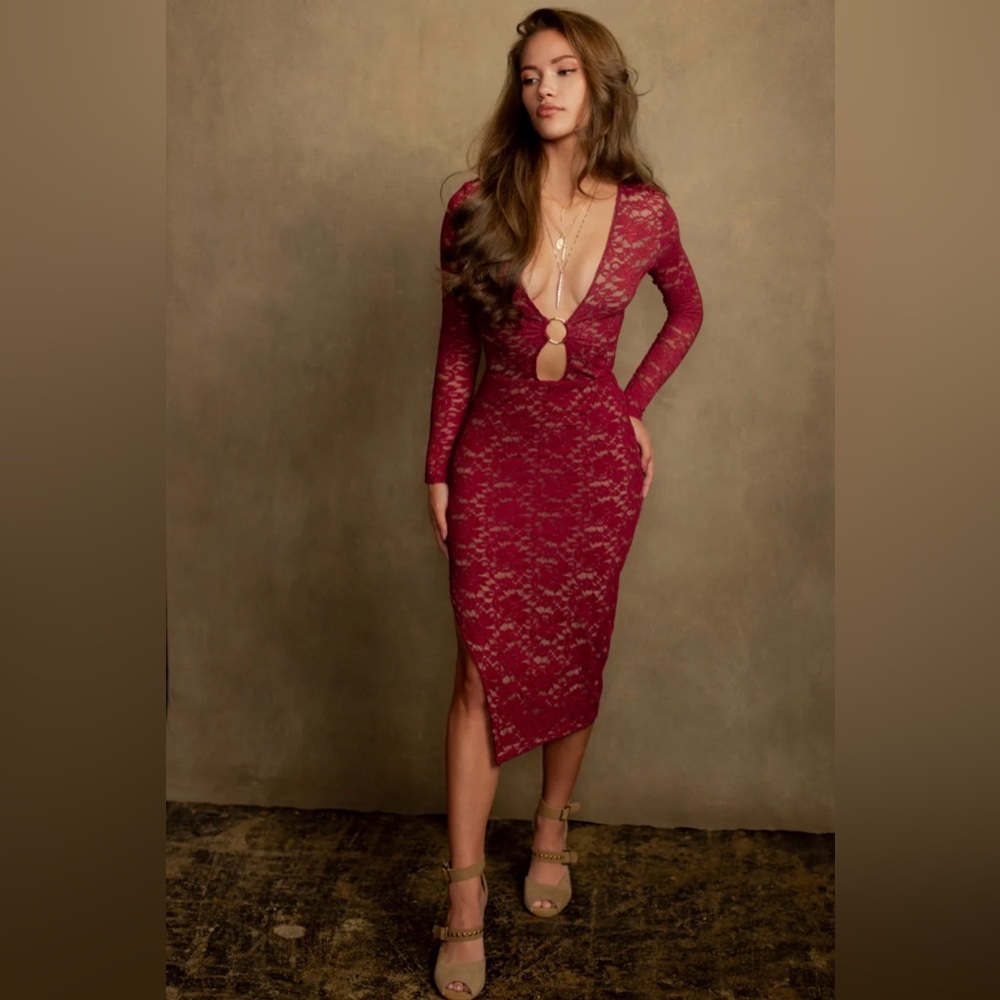 Joyfolie Burgundy Lace Long Sleeve Dress